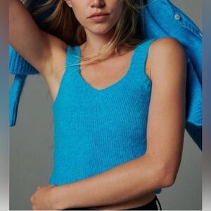 This is a Zara knit V-neck top in blue, size M, made from an alpaca wool blend